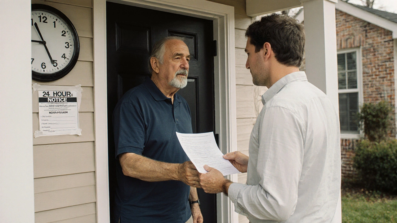 New owner handing written notice to tenant at front door with 24-hour notice visible