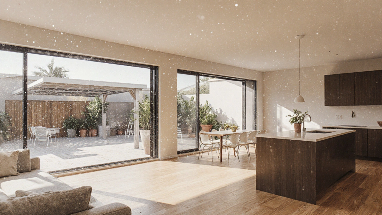 Open-plan interior of a rambler home with large windows leading to a patio, warm lighting and minimalist decor.