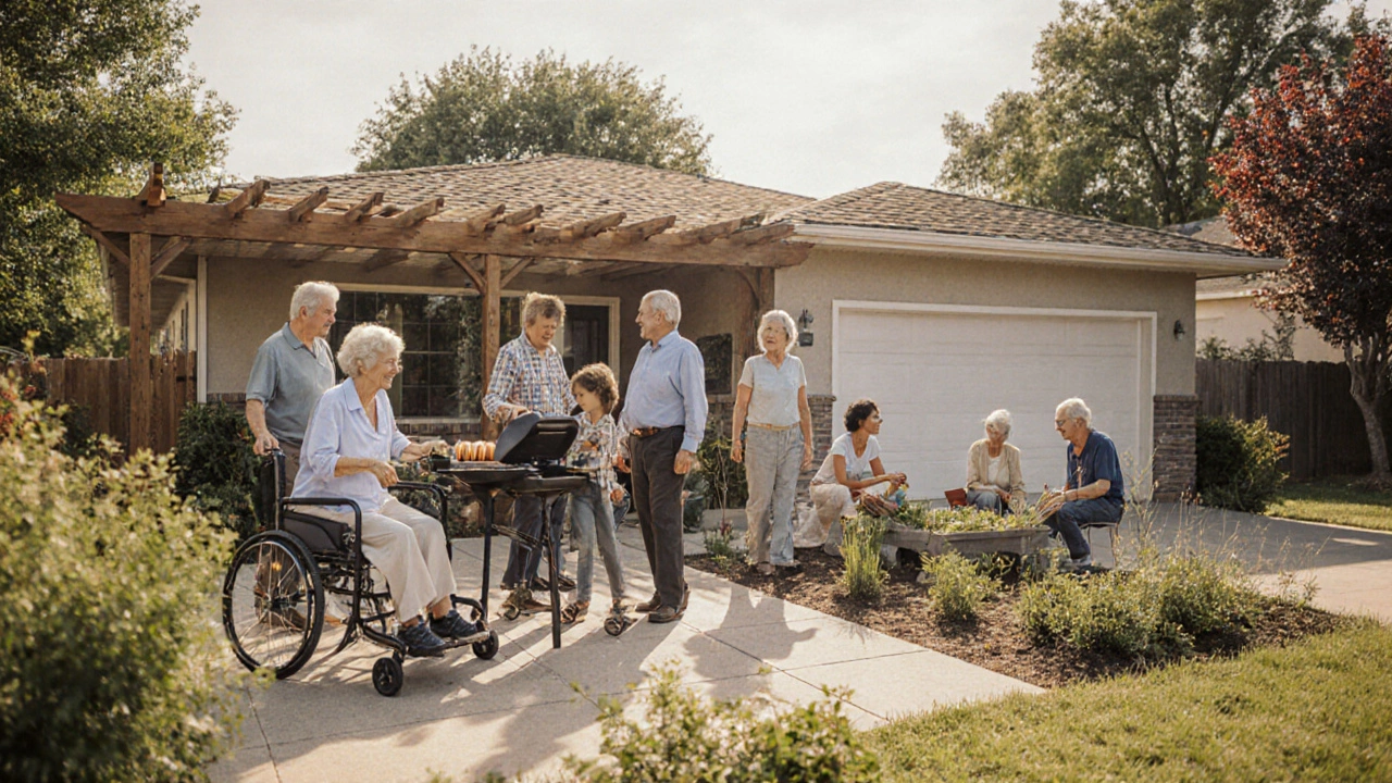 People enjoying a backyard patio of a rambler house, gardening and grilling under a pergola.