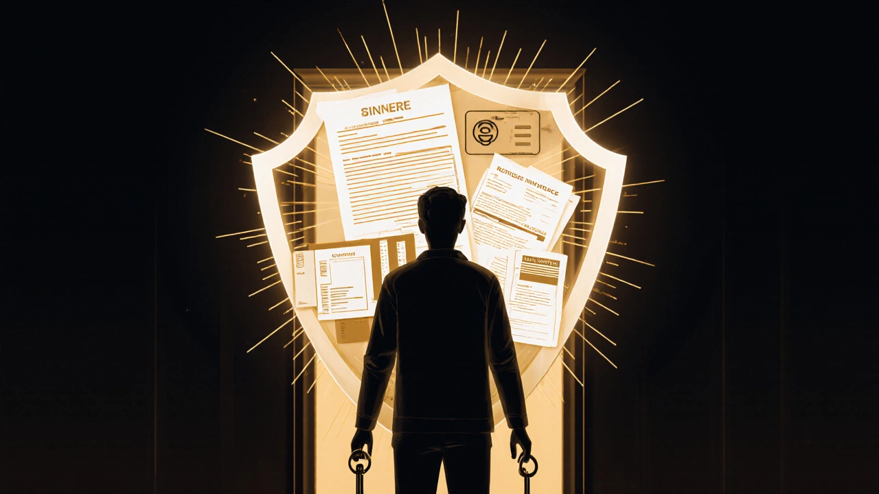 Person holding apartment keys with floating legal and financial symbols representing rental security.