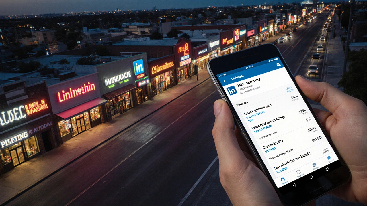 Retail center with national tenants at dusk, smartphone showing LinkedIn notification and property data.