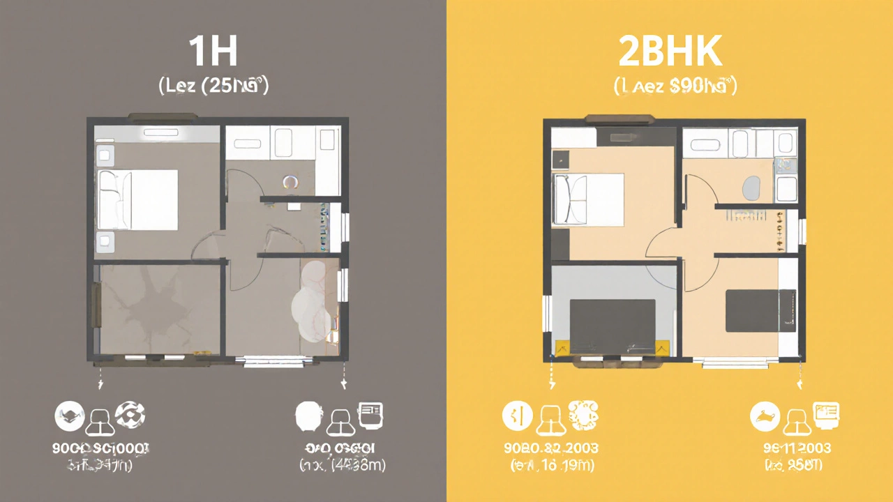 Side-by-side comparison of a small 1H apartment and larger 2BHK apartment with size and feature icons.