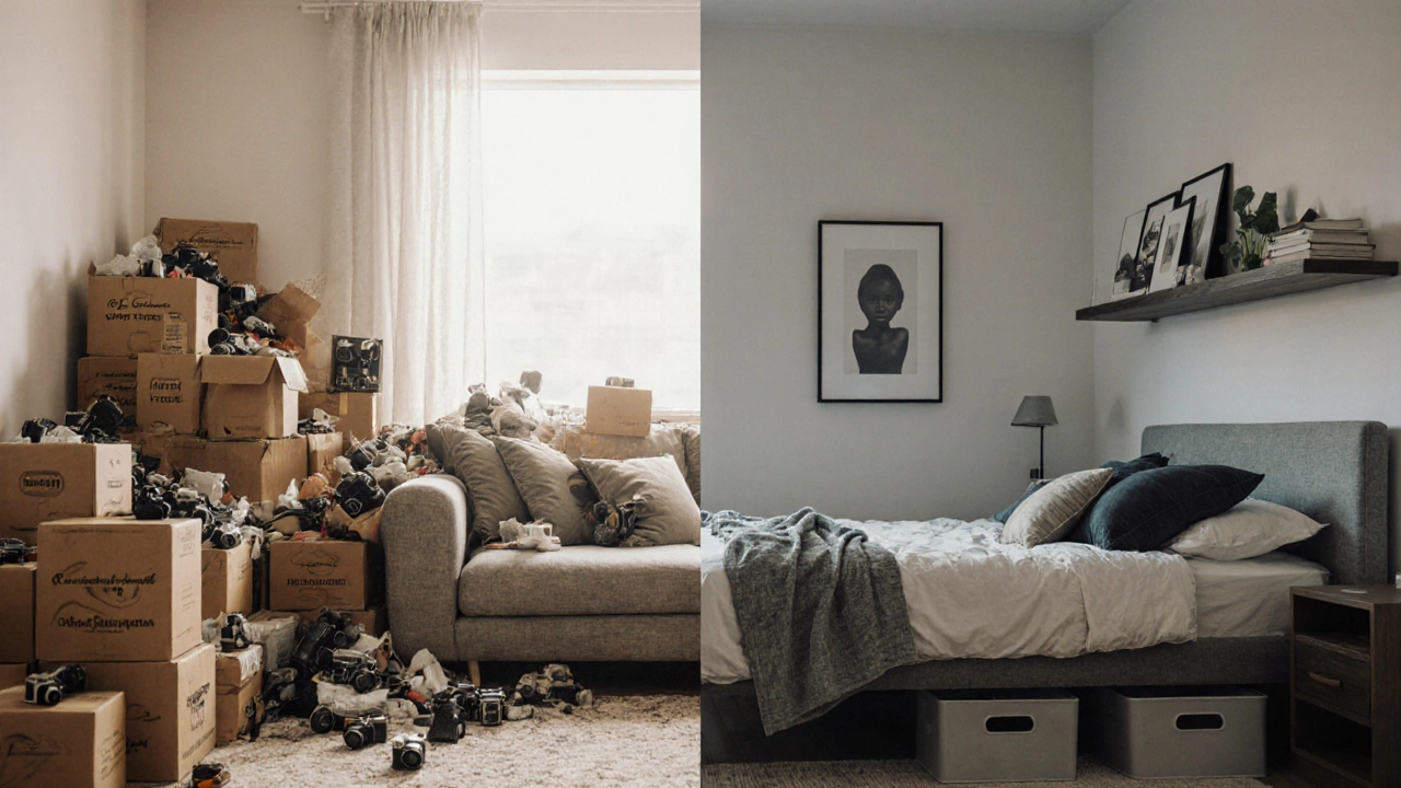 Split image contrasting cluttered space with minimalist organization in a compact 2BHK apartment.