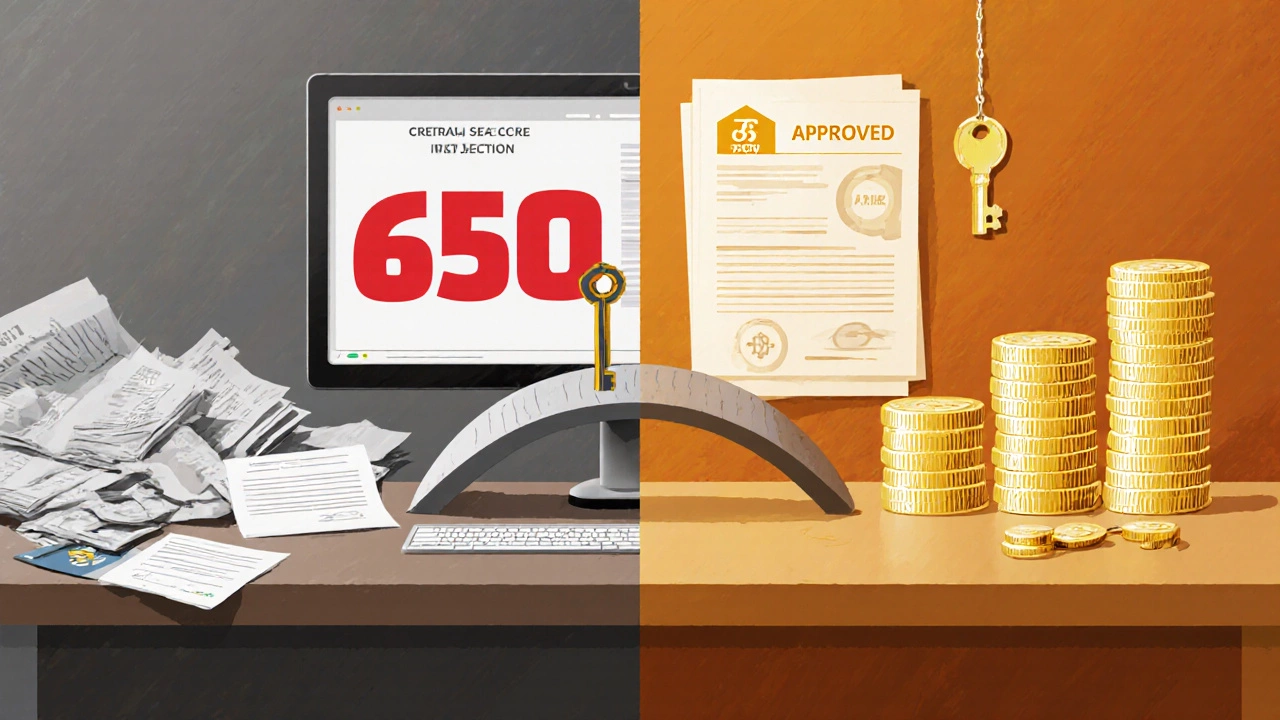 Split scene showing poor credit on left and strong financials on right, connected by a bridge.