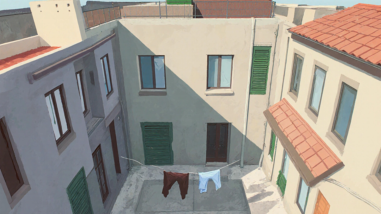 Two-story townhouse in a row with narrow courtyard and rooftop terrace.