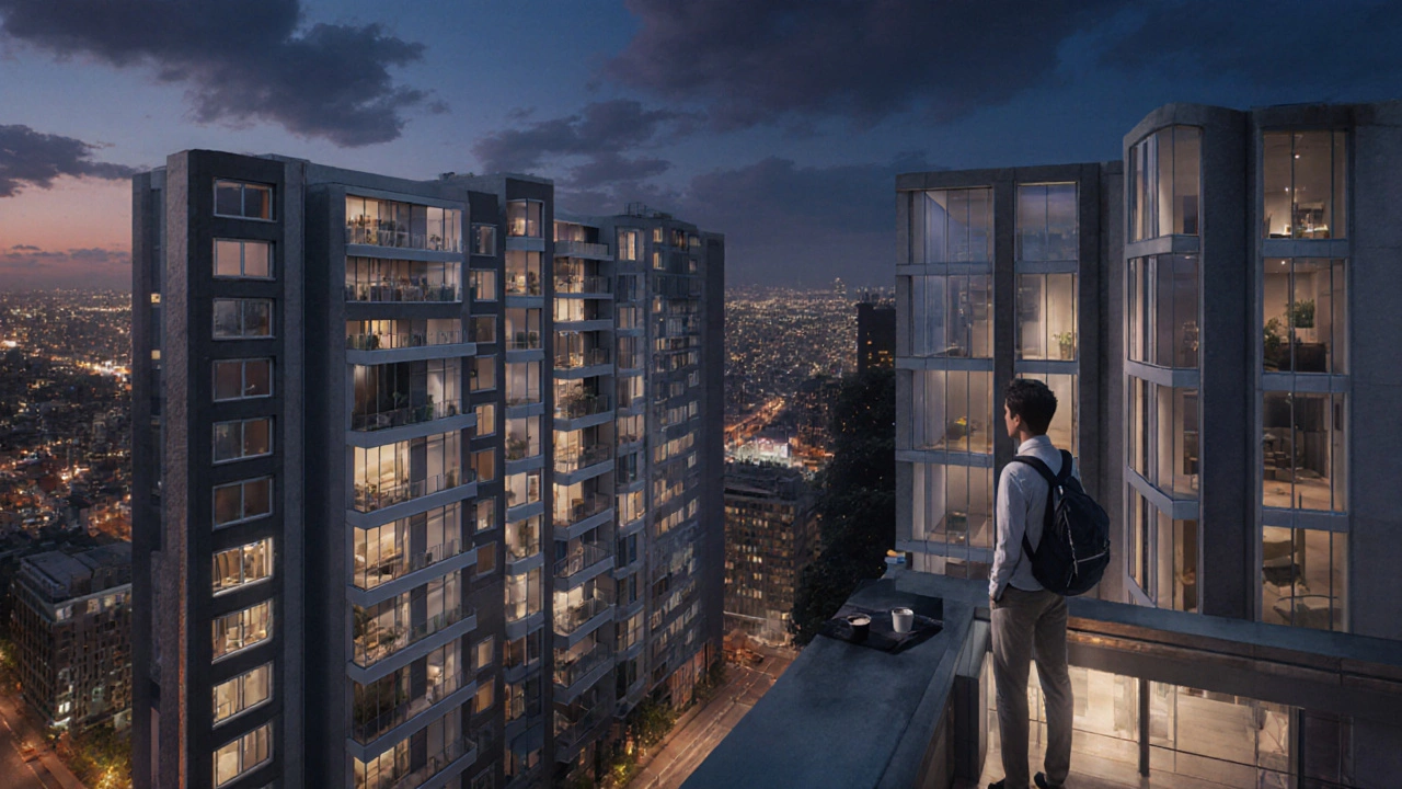 Young professional on rooftop terrace overlooking a building of 1H apartments at dusk, city lights in background.