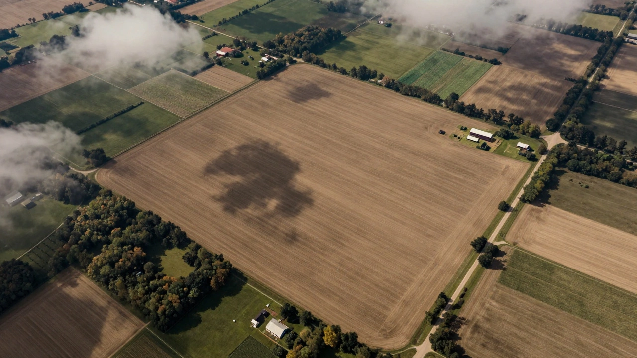 A 100-acre square parcel with a farmhouse, crops, and woods under a soft sky.