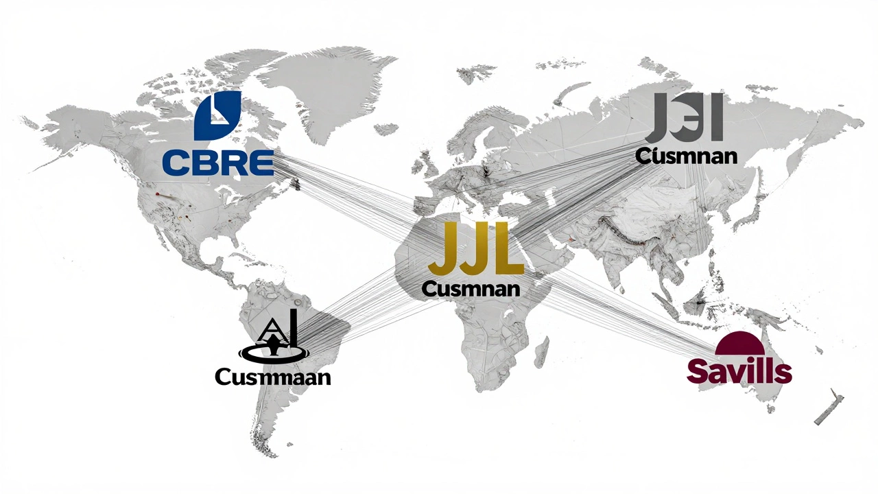 A conceptual network of interconnected property deals centered on four global real estate firms with data streams flowing between continents.
