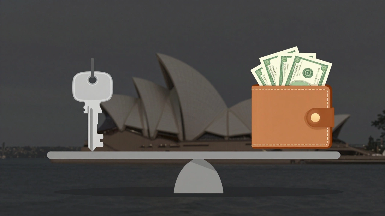 A symbolic scale balancing a landlord&#039;s key against a tenant&#039;s wallet, with Sydney skyline in background.