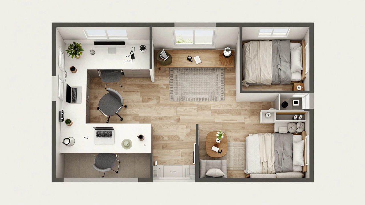Aerial layout of a 600 sq ft apartment showing multi-functional zones in muted earth tones.