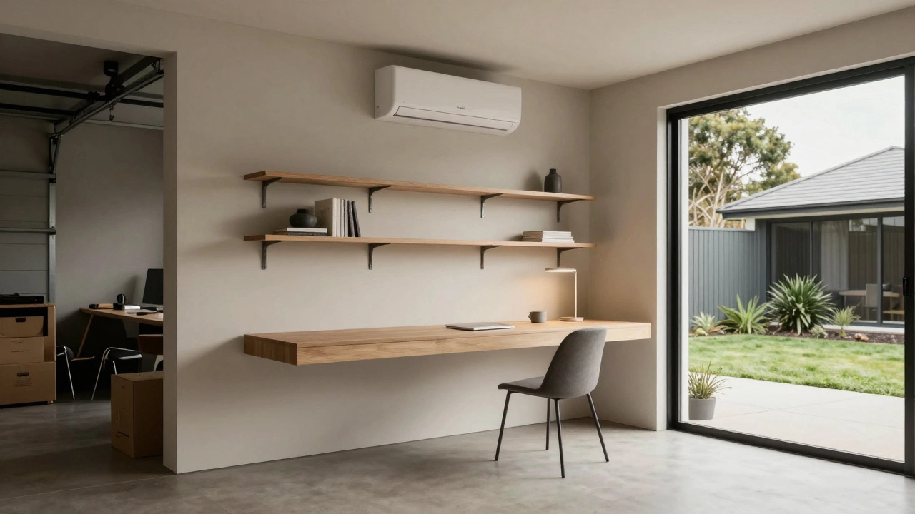 Converted garage home office with minimalist design, floating desk, and warm ambient lighting.