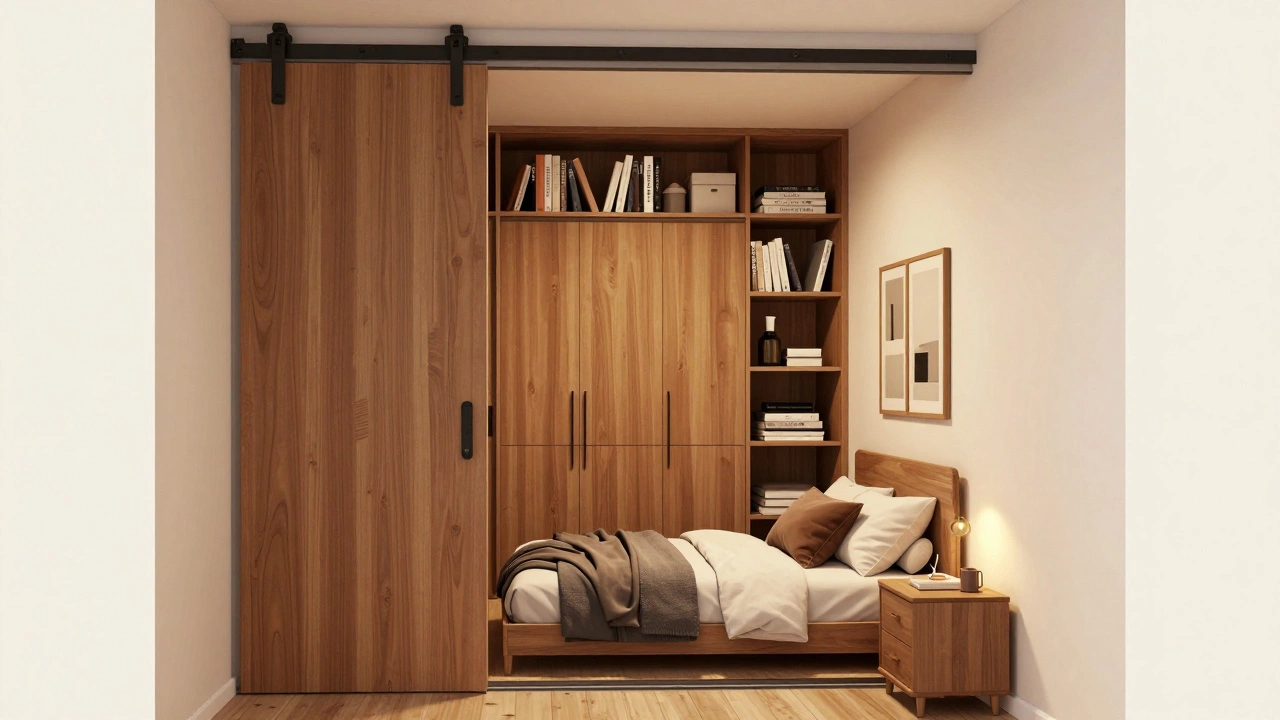 Floor-to-ceiling sliding wardrobe in a small bedroom with full-size bed and warm lighting.