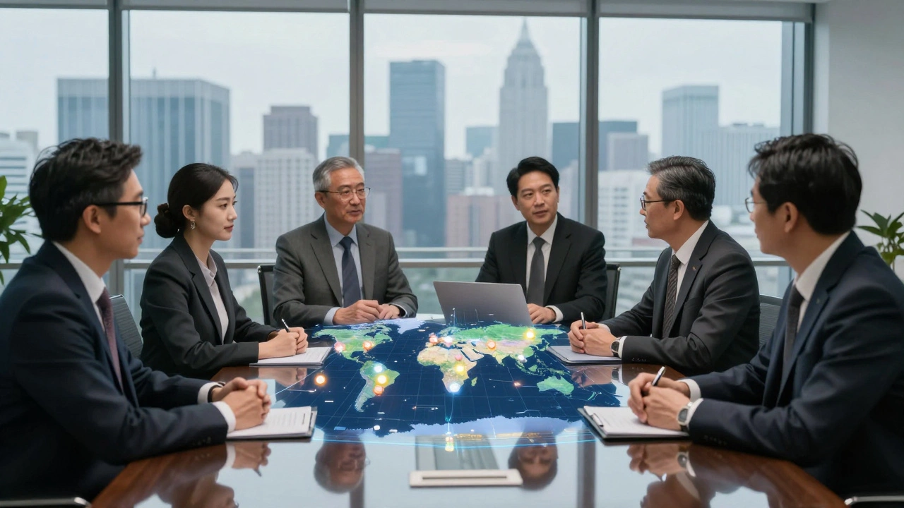 Four real estate executives in a boardroom analyzing a 3D global property map with glowing transaction hotspots.