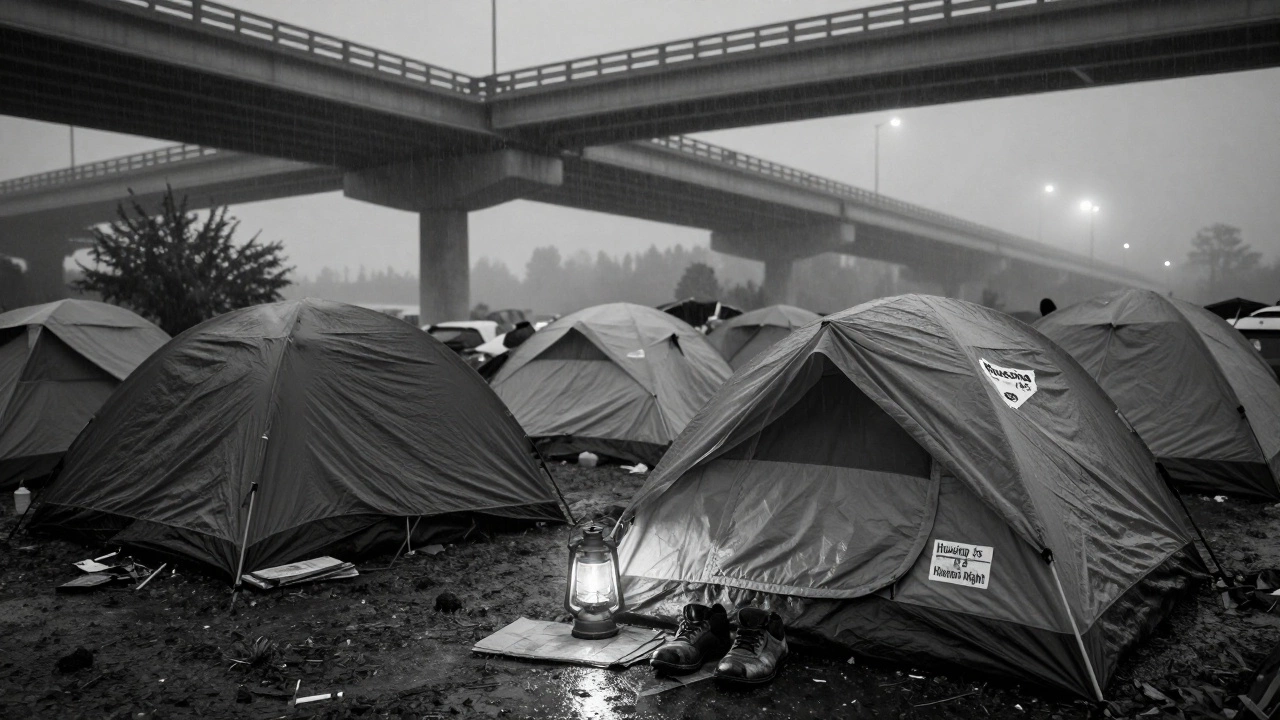 Homeless encampment under an Oregon highway overpass at night in the rain with a single lantern.