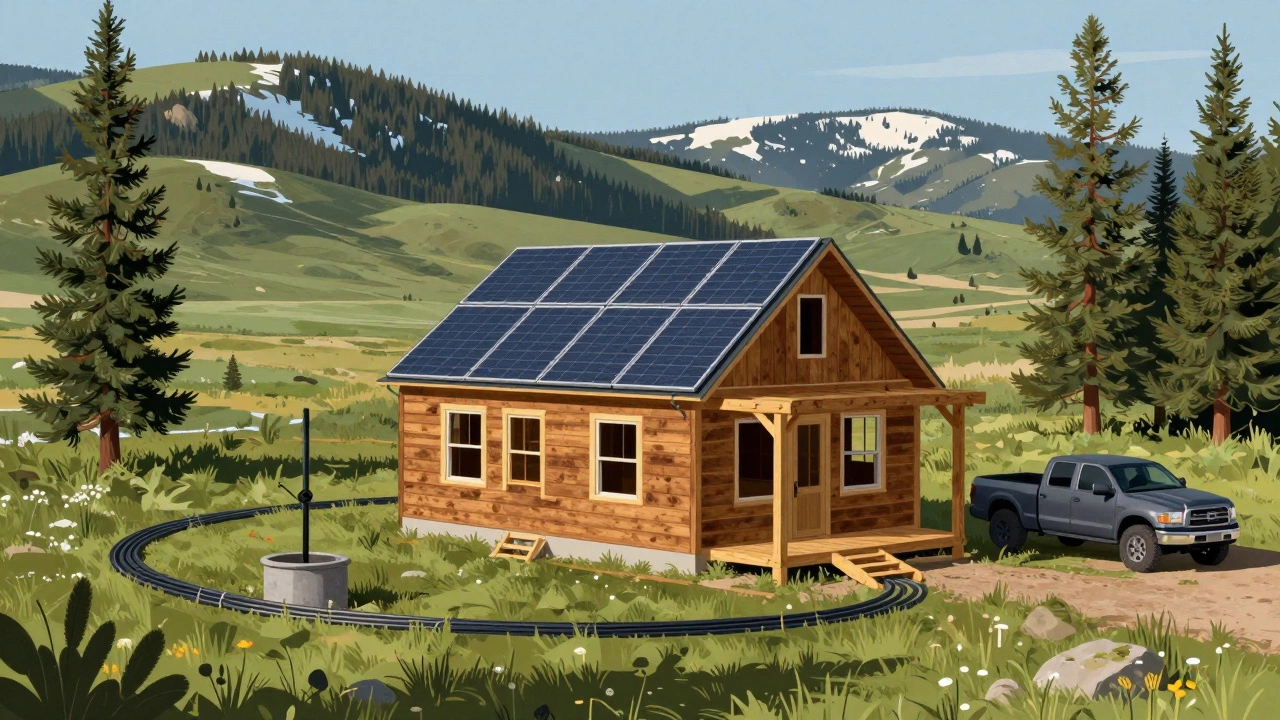 Montana homestead under construction with solar panels, well, and fiber cable, nestled in pine trees.