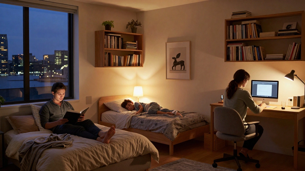 Small family in a 2BR apartment: one parent working at a home office desk, child sleeping, other parent resting in bedroom.