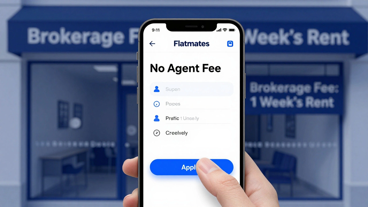 Smartphone screen showing Flatmates app with &#039;No Agent Fee&#039; listing, hand tapping apply button.