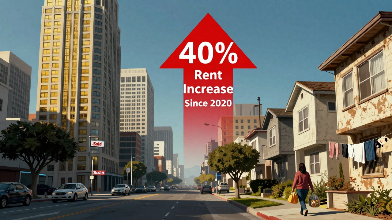 Split cityscape showing luxury housing in San Francisco versus struggling homes in Bakersfield.