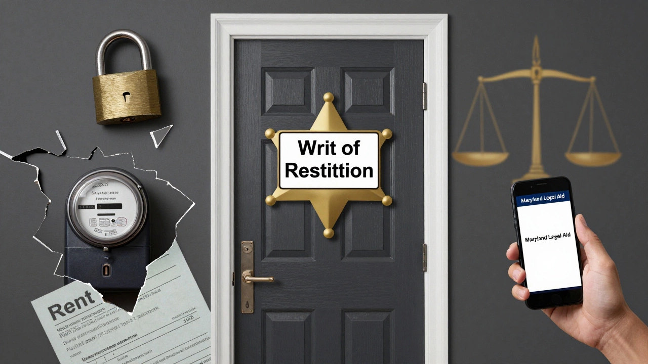 Symbolic image of a sheriff's eviction notice on a door with legal and utility symbols around it.