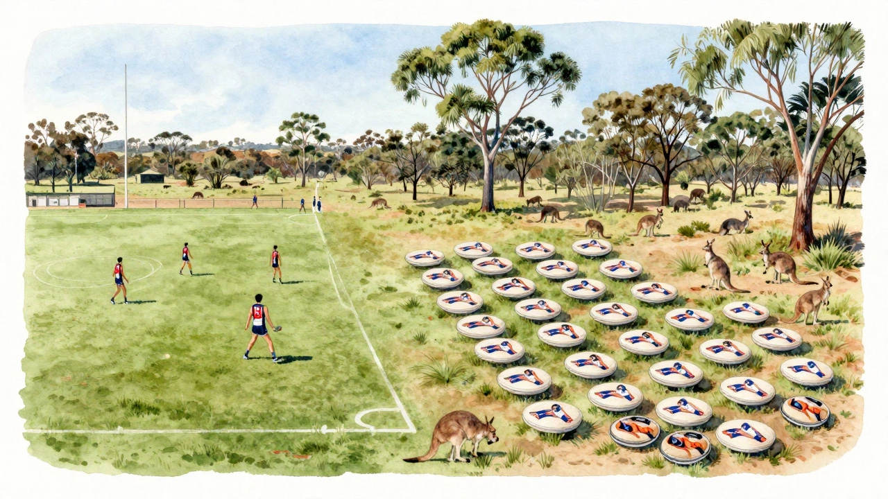 Twenty Australian football ovals spread across bushland with kangaroos grazing.