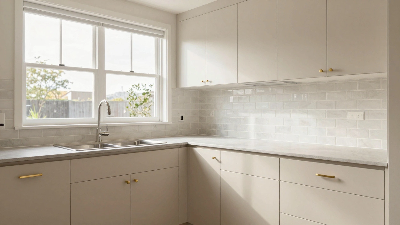 Updated kitchen with neutral cabinets, brass hardware, and clean countertops in natural daylight.