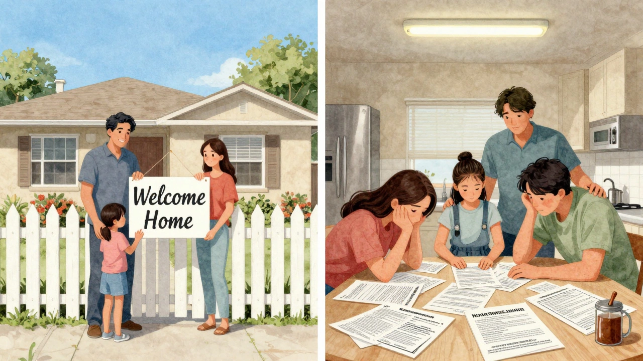 A family comparing affordable home life in Texas versus stress in California.