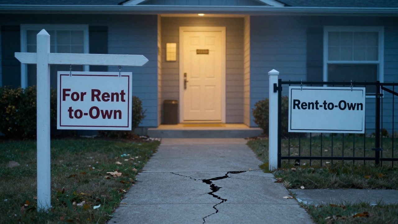 A path splits toward a safe home loan option or a locked rent-to-own gate, representing choice.