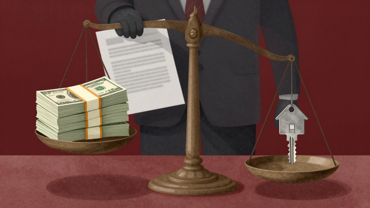 A scale tipping between rent payments and a house key, symbolizing the risk of rent-to-own deals.