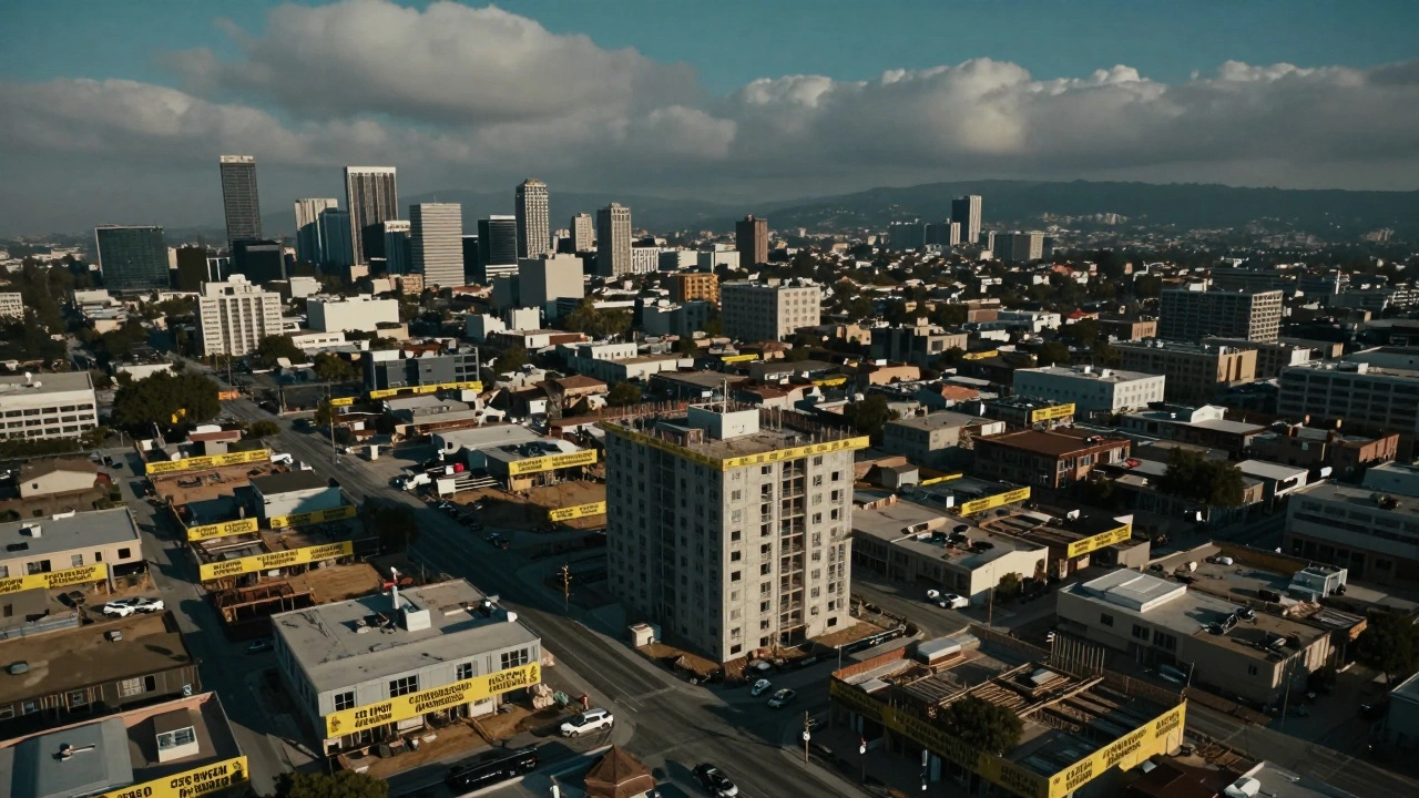 A stalled housing project surrounded by regulatory banners in Los Angeles.