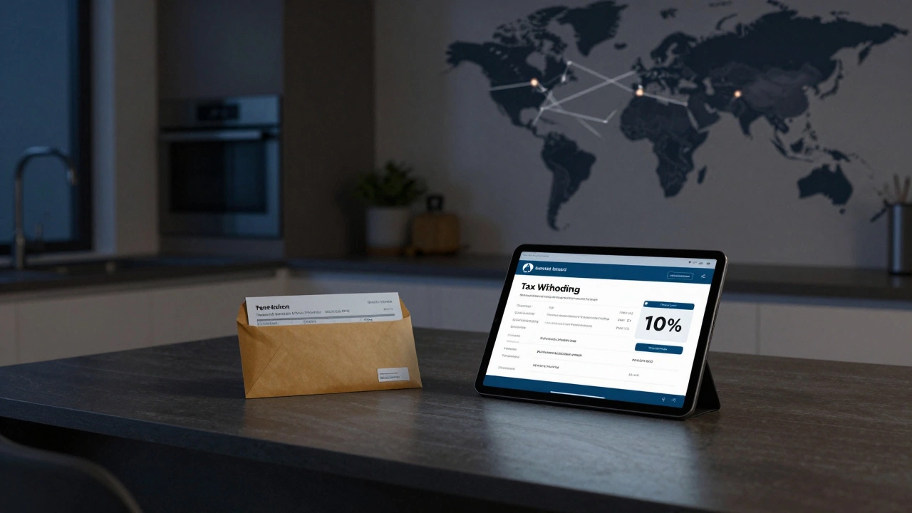 An Australian rental apartment with a tax withholding notice on a tablet and global connections on the wall.