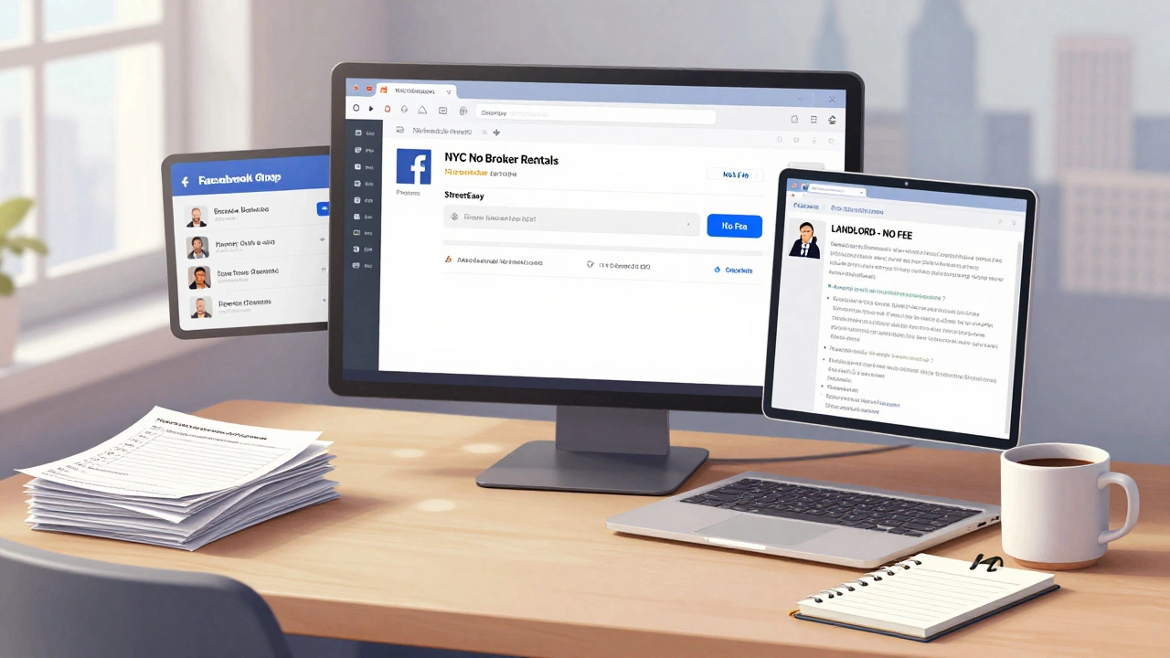 Desktop scene with Facebook, StreetEasy, and Craigslist tabs open, showing no-broker rental search tools and documents.