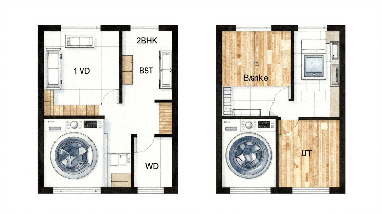 Floor plan showing WD location in bathroom versus kitchen or balcony in older units.