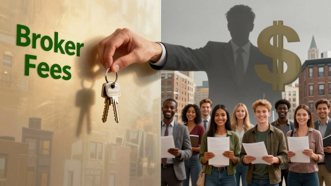 Hand reaching through a 'Broker Fees' wall to grab apartment keys, while tenants stand confidently on the other side.