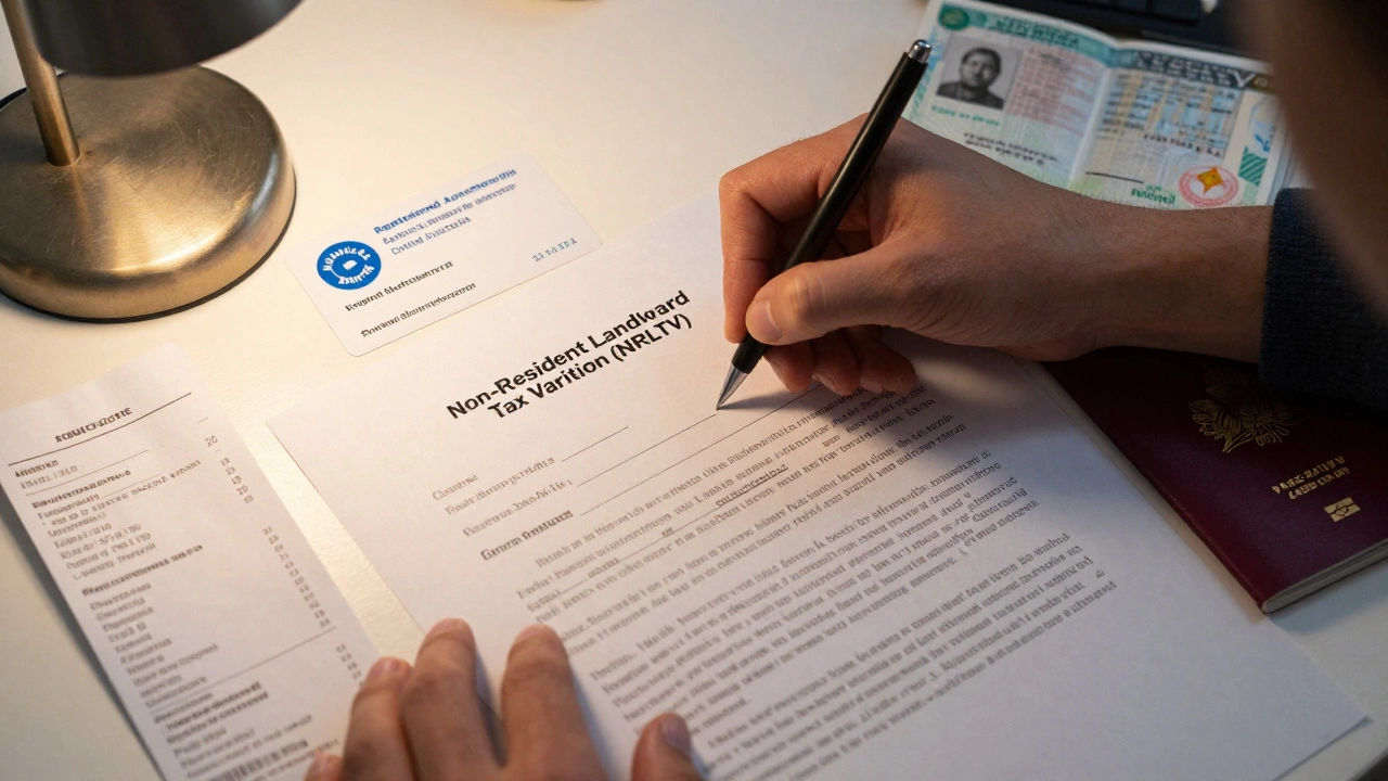 Hands signing a tax variation document with receipts and a tax agent’s card on a desk.