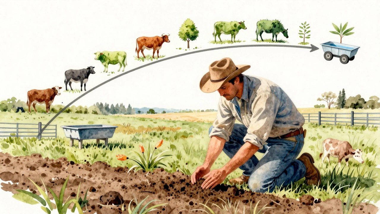 Rancher testing soil as a visual timeline of pasture rotation and water systems surrounds him.