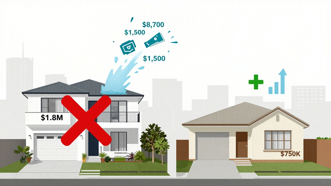 Side-by-side comparison of expensive Bondi home losing money and affordable Penrith home with growing value.
