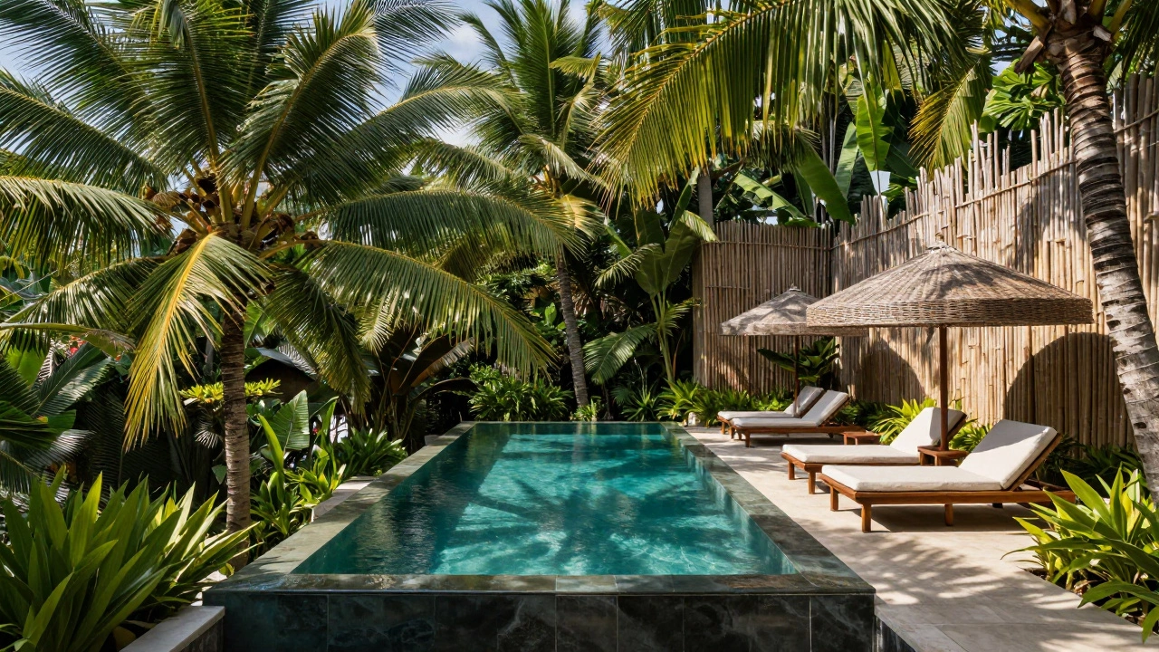 A secluded Balinese villa with infinity pool blending into the horizon, surrounded by dense greenery.