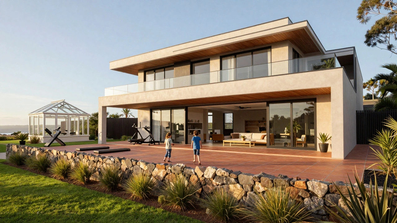 A spacious Australian villa on a large lot, with open living areas and backyard serving as a personal park.