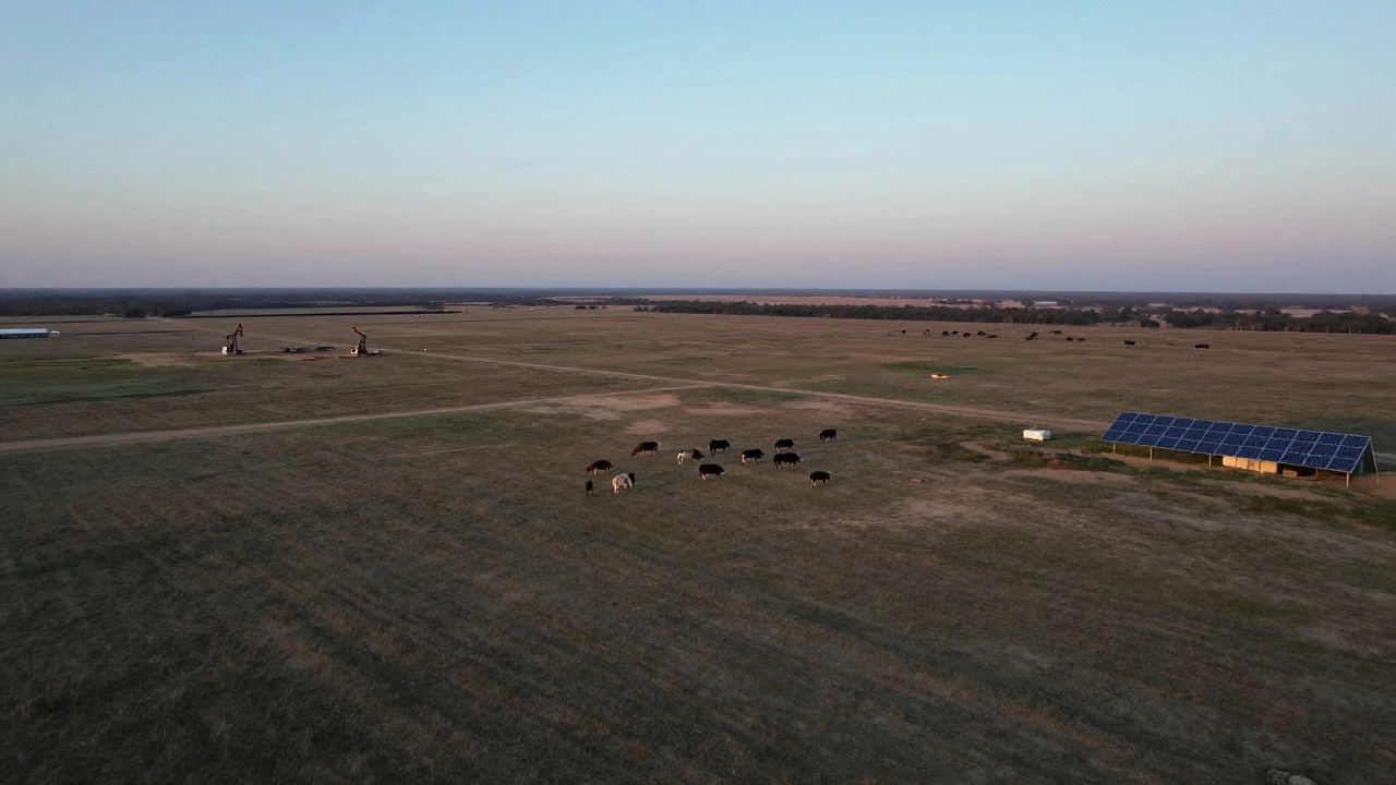 Aerial view of Texas ranch with cattle, oil derricks, and solar panels across open land.