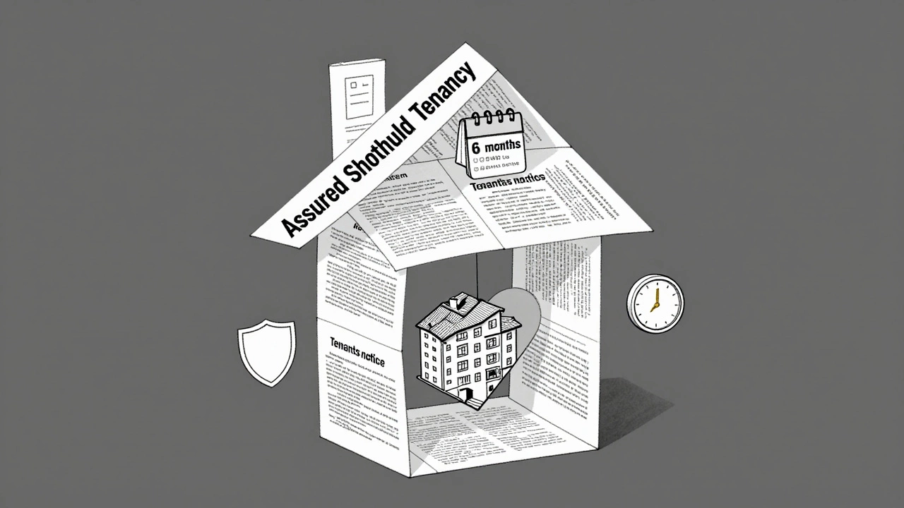 An abstract house made of legal documents with symbols representing tenancy rights and notice periods.