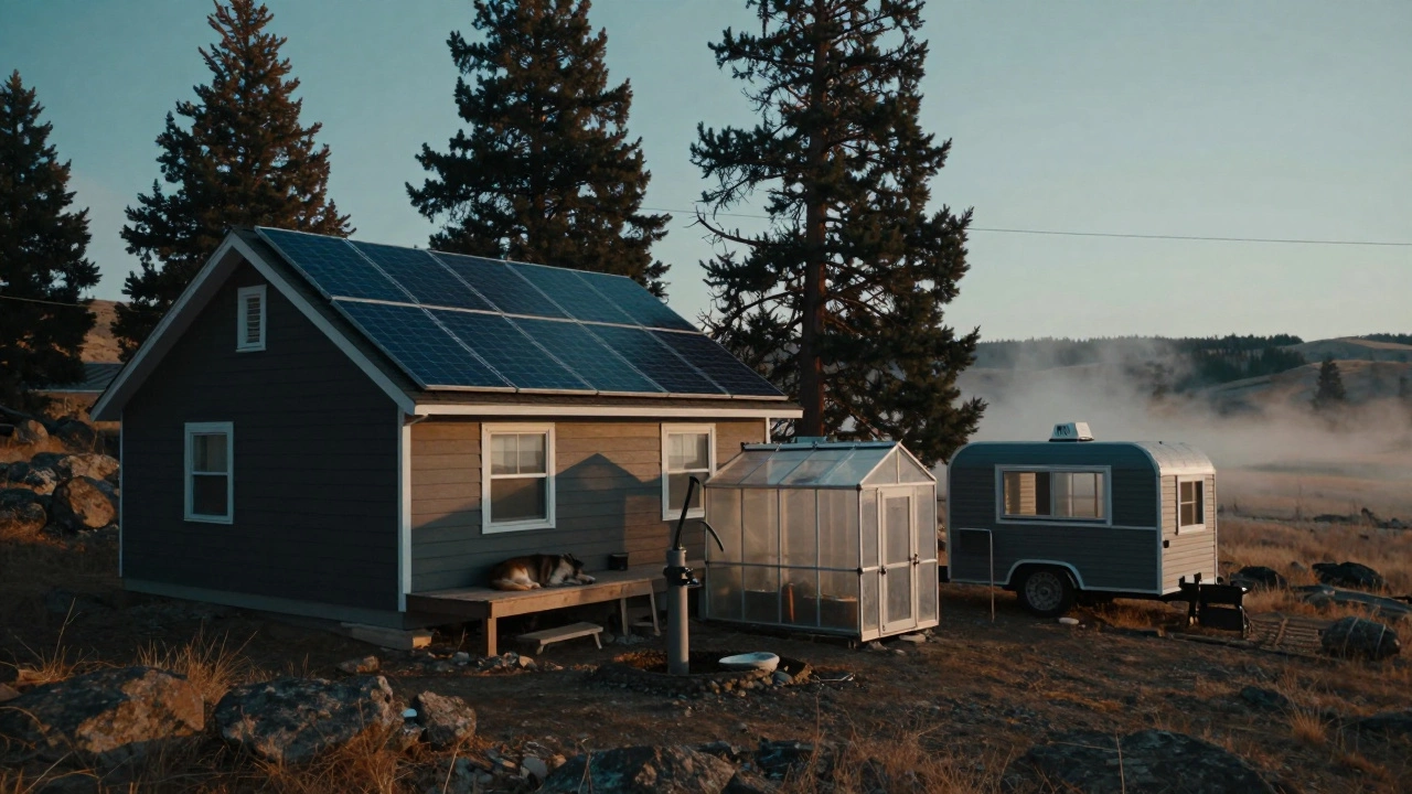 An off-grid homestead with solar panels, a hand pump well, and a tiny home on wheels in a dry, tree-lined valley.