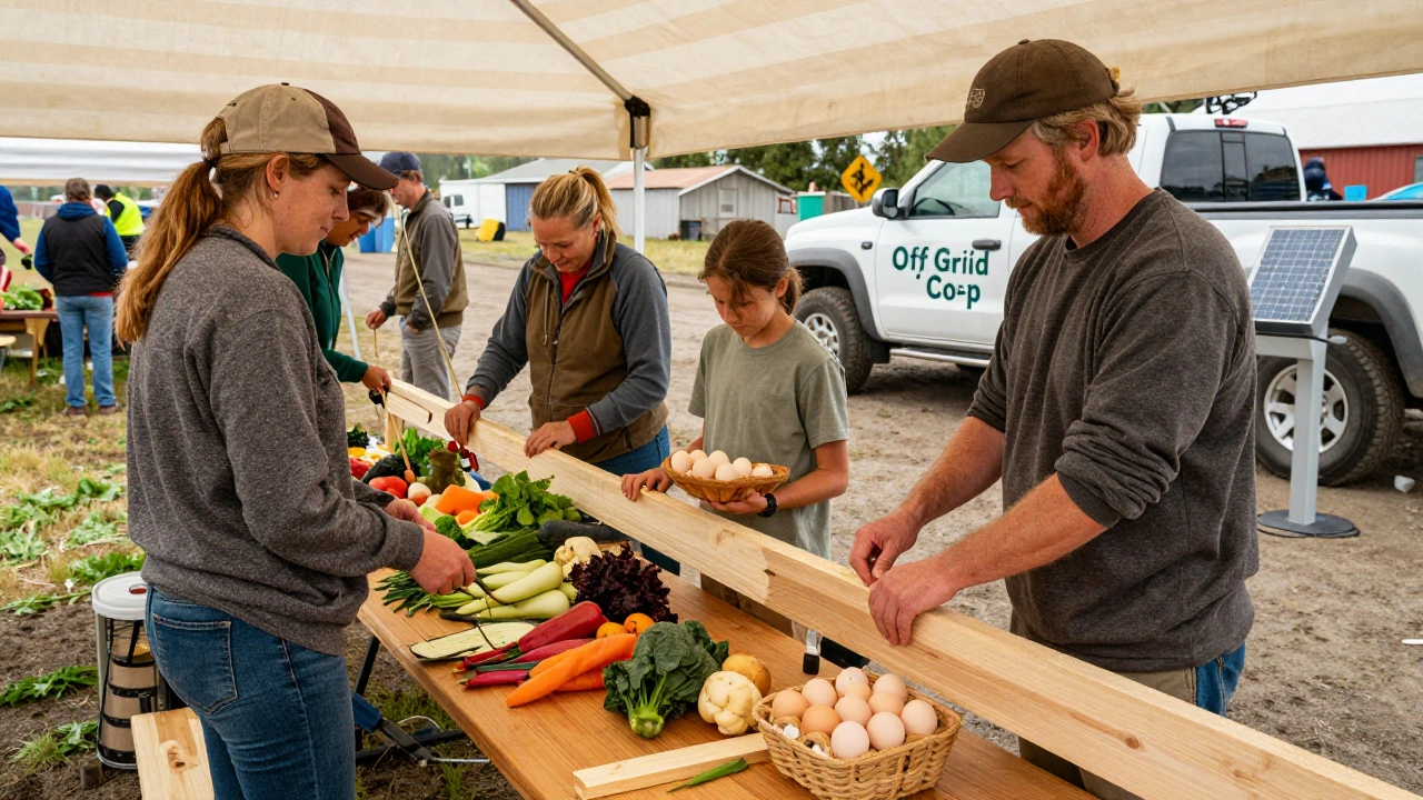 Homesteaders trading goods at a rural county fair, sharing tools and fresh produce under a canvas tent.