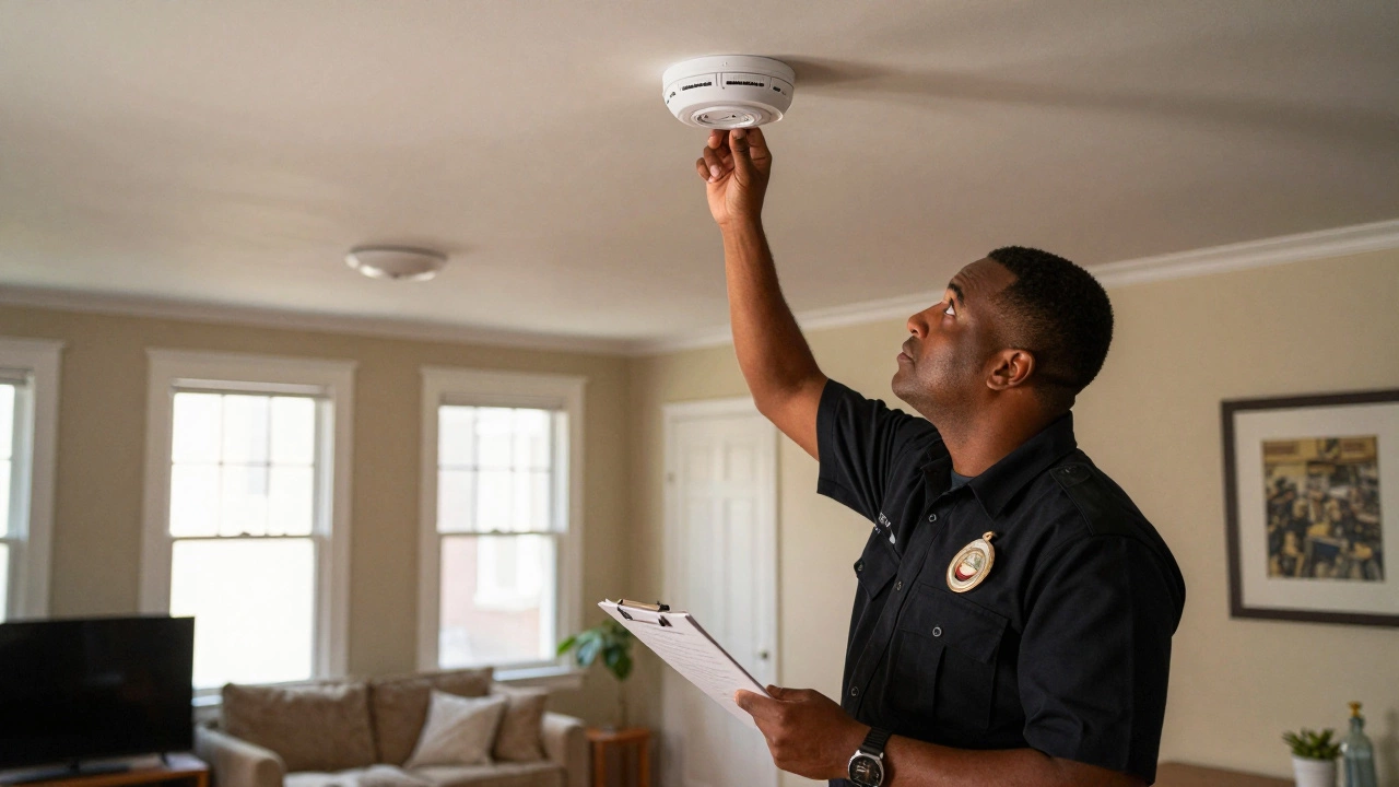 Inspector checking smoke detector in Baltimore home