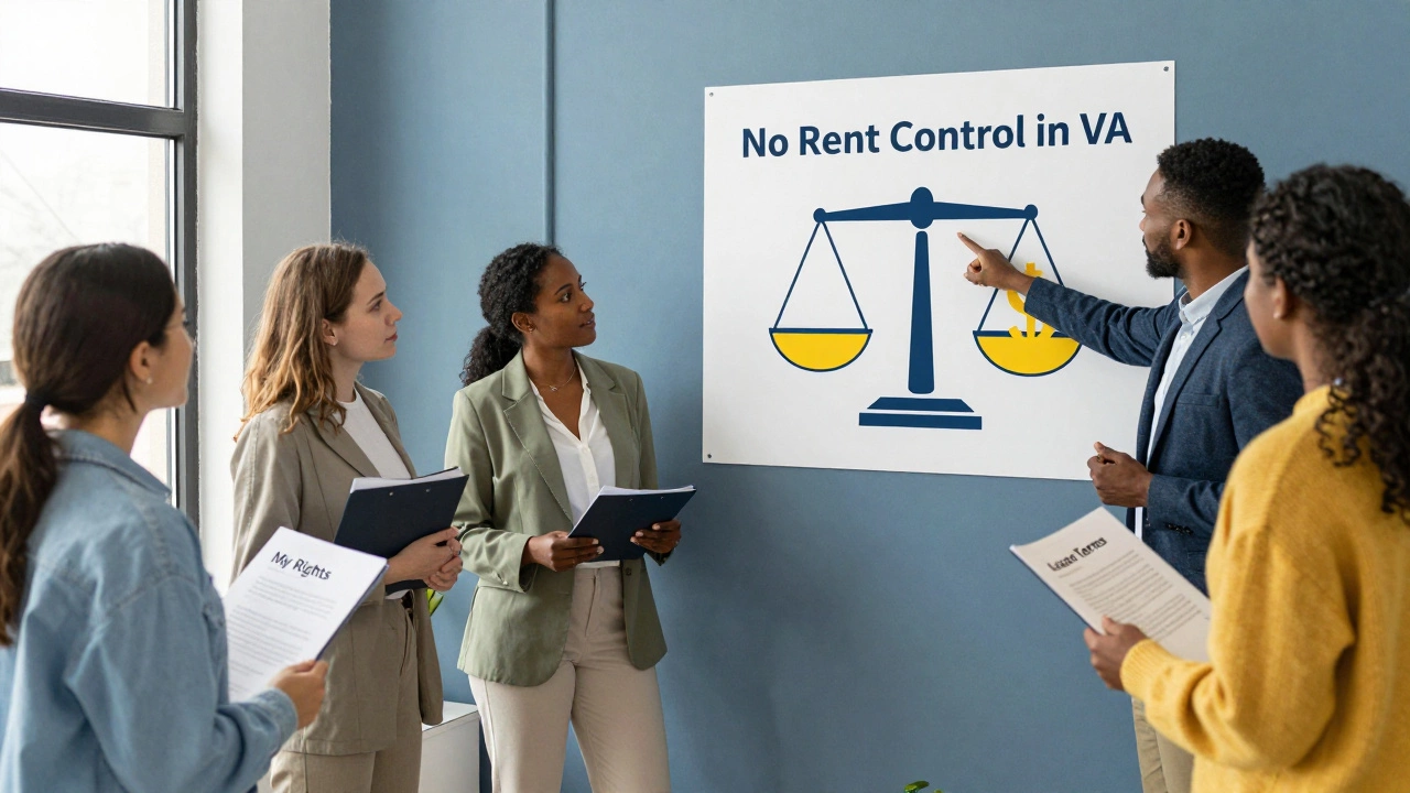 Tenants in a community center learning about their rights with a 'No Rent Control' poster.