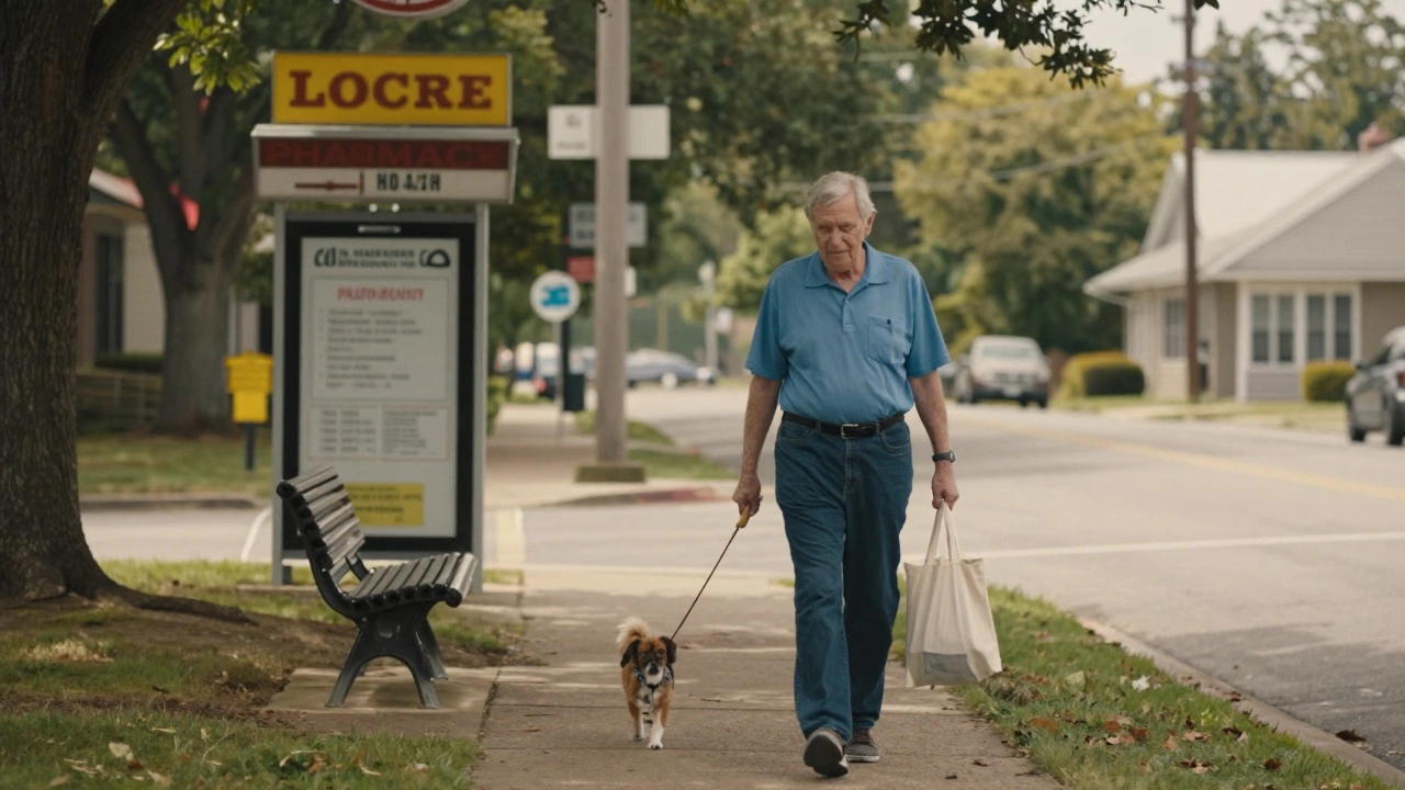 A retiree walking a dog in Little Rock, Arkansas, with a pharmacy in the background.