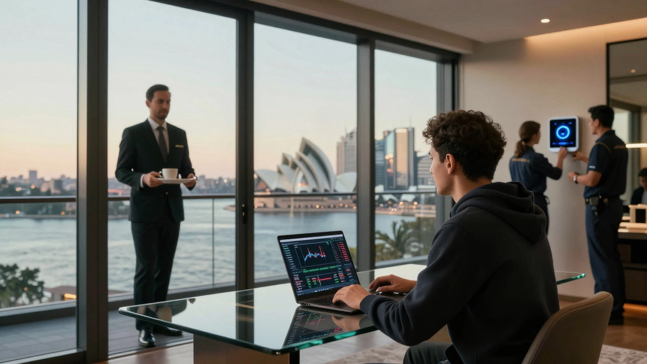 A tech founder working in a luxury Sydney penthouse with concierge service, emphasizing hassle-free luxury.