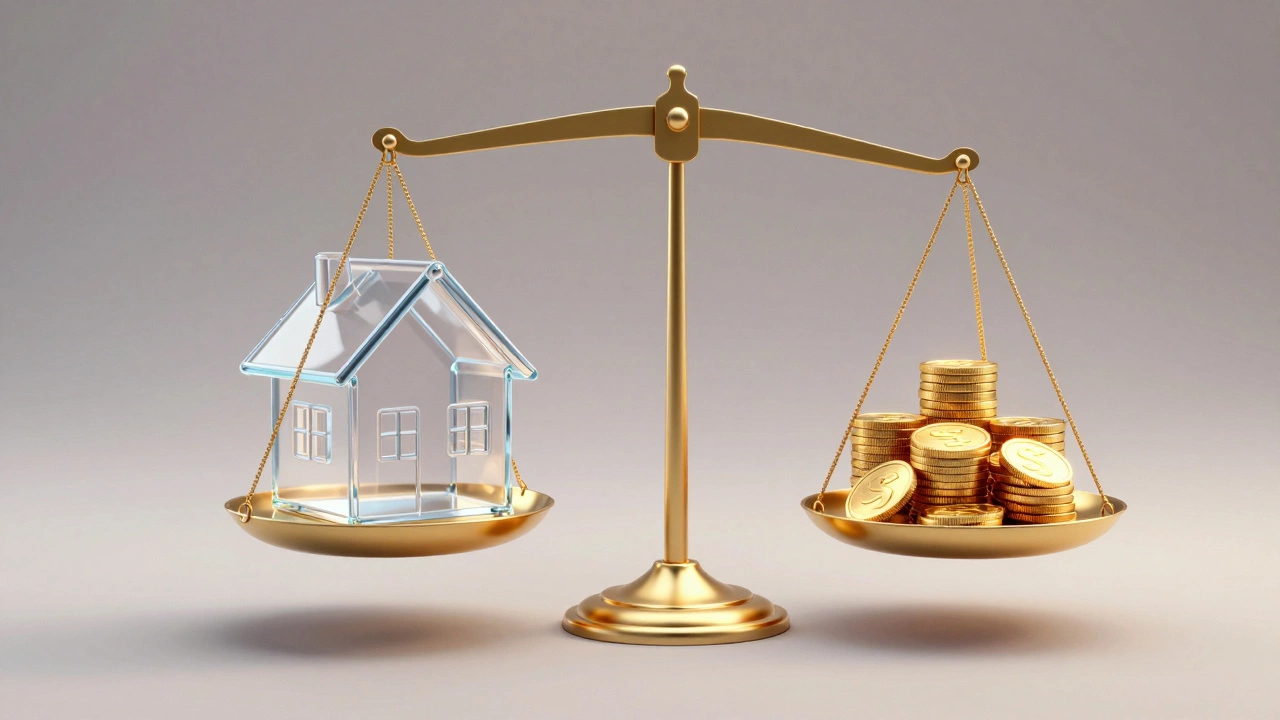 Conceptual 3D illustration of a house model balanced against coins on a scale.