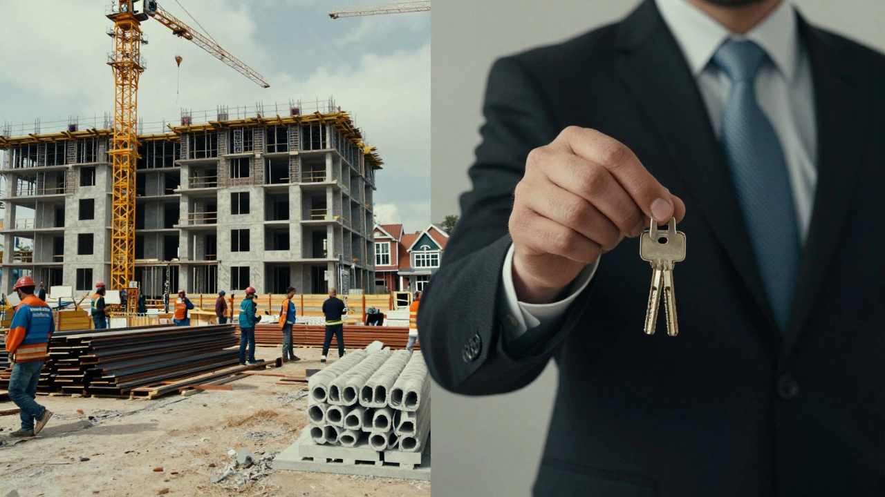 Construction workers building apartments beside institutional investors buying homes.