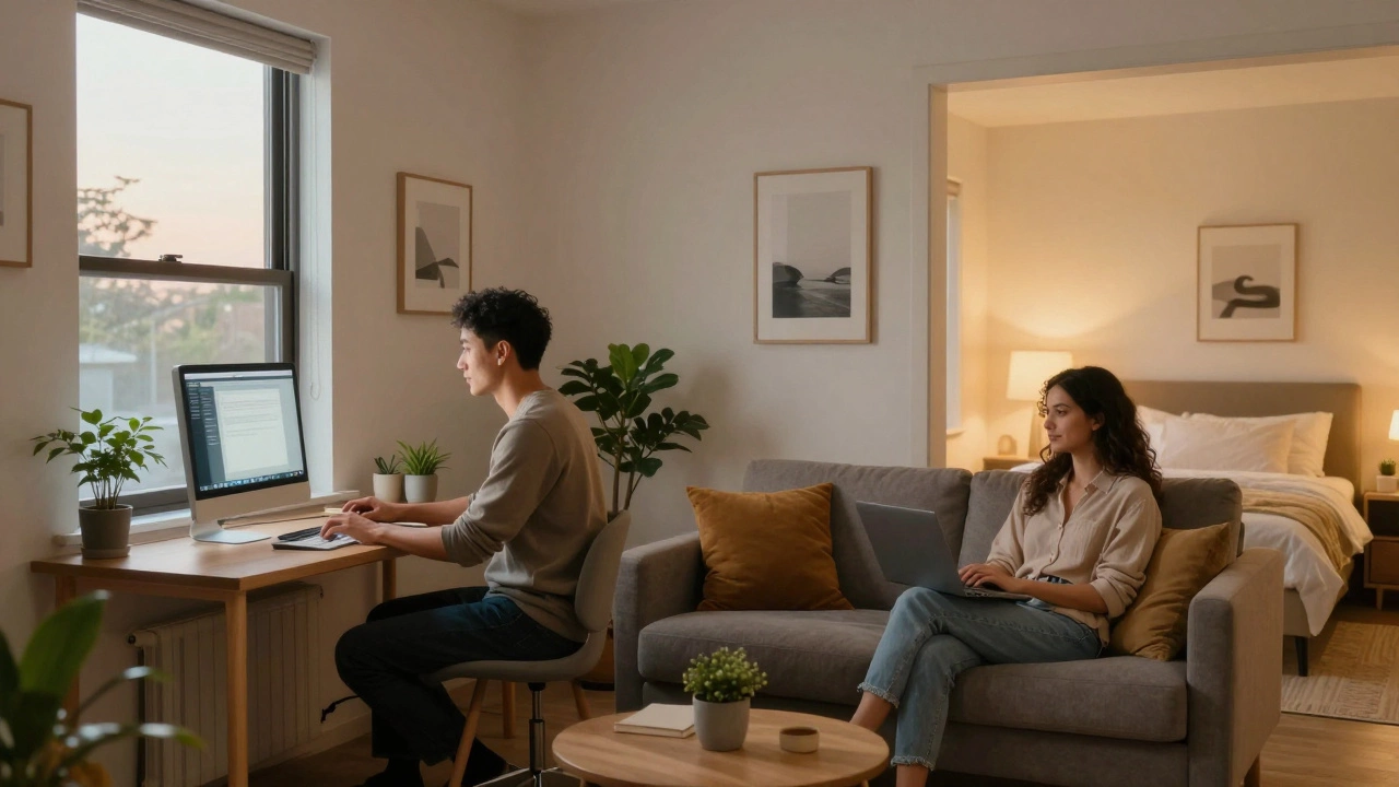 Couple living in dual-purpose studio with home office setup.