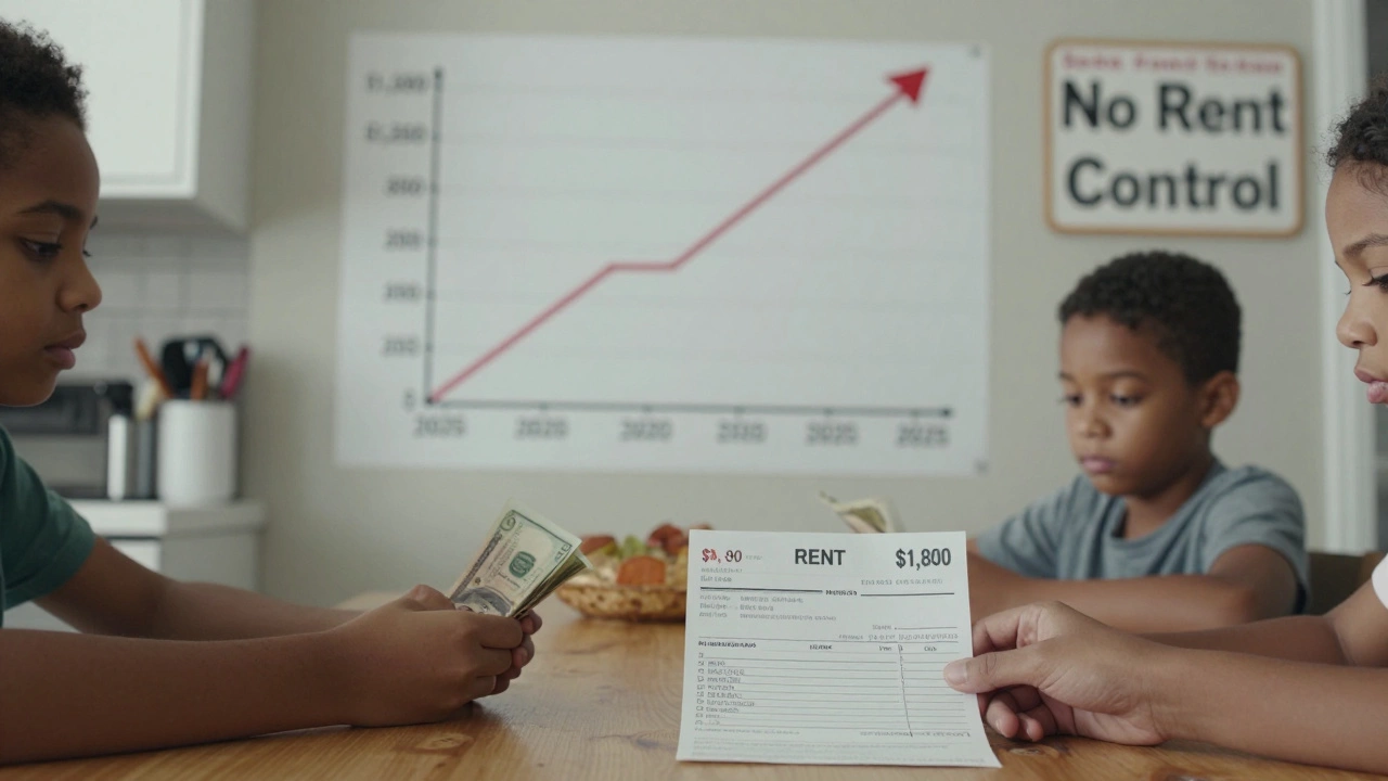 Family counting cash beside a rent receipt with rising rent graph in background.